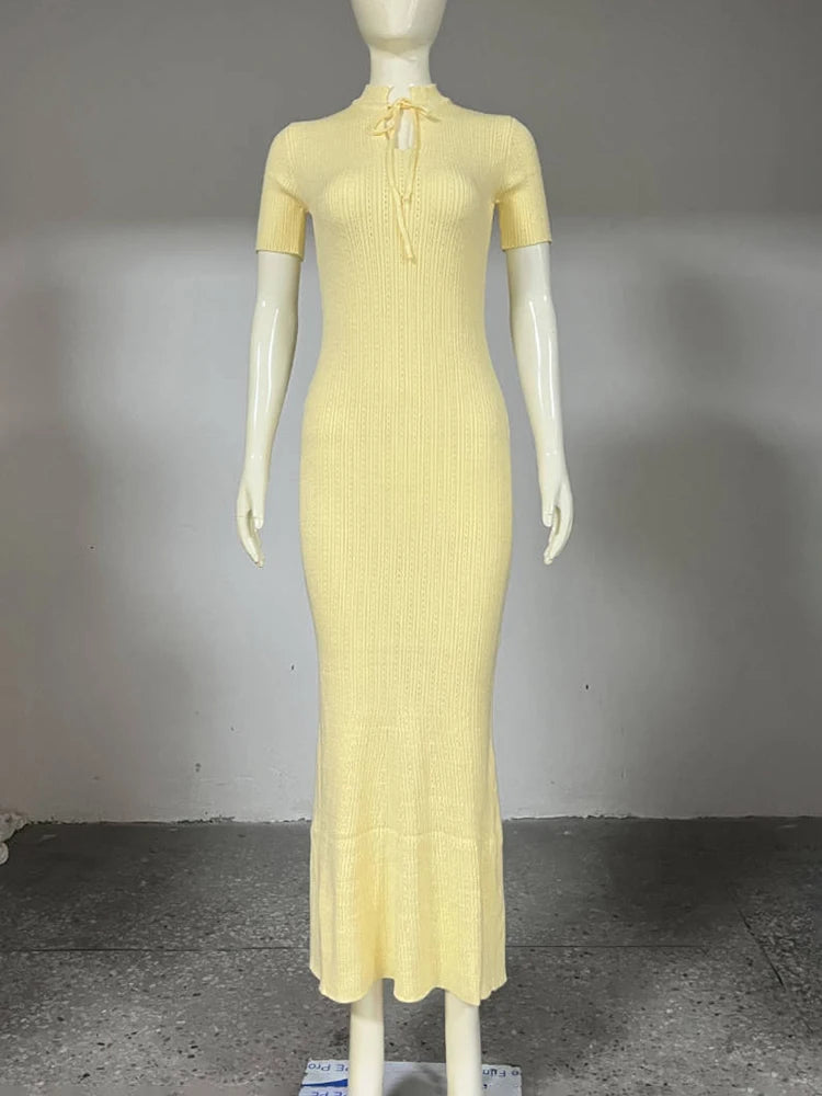 TARUXY Short Sleeve Knitted Long Dress Female Slim Hollow Retro Elegant Sweater Dress 2026 Summer New High Waist Women‘s Dress