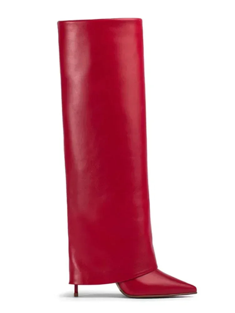 Autumn and Winter New Women's Knee High Leather Boots, Pointed Thin High-heeled Skirt Boots, Black Plus Size Long Boots