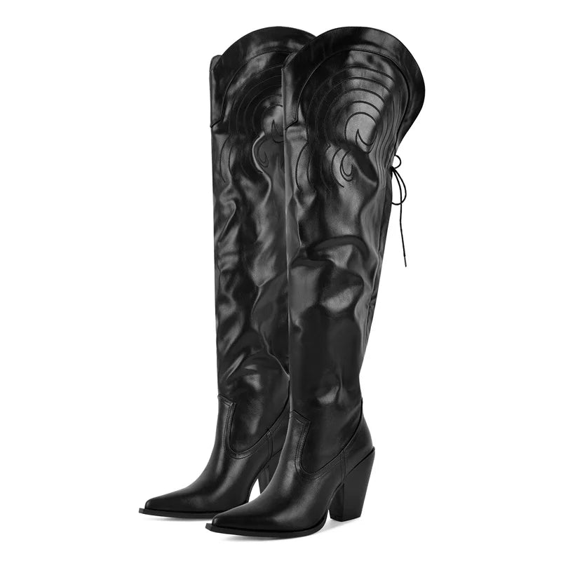 Onlymaker Women Pointed Toe Black Matte Over The Knee Boots Chunky Heel Lace- UP Winter Boots