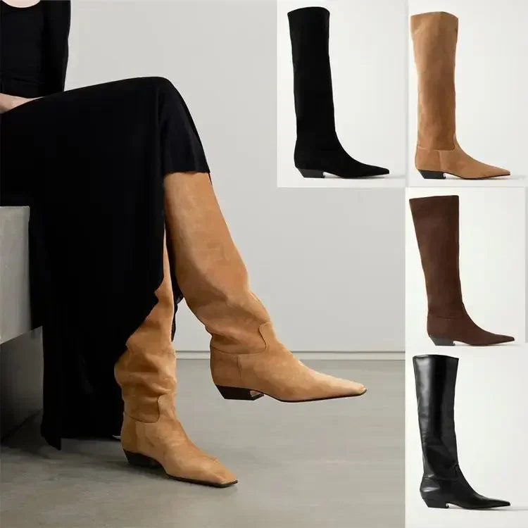 2026 Ladies' Low Heel Knee High Women's Boots Autumn and Winter Square Toe Leather Fashionable 34-46 Large Mid Length Boots