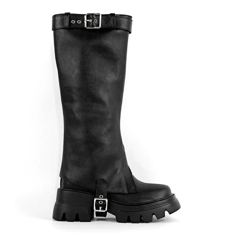Onlymaker Women Round Toe Removable Shaft Black Boots Fashion Punk Boots