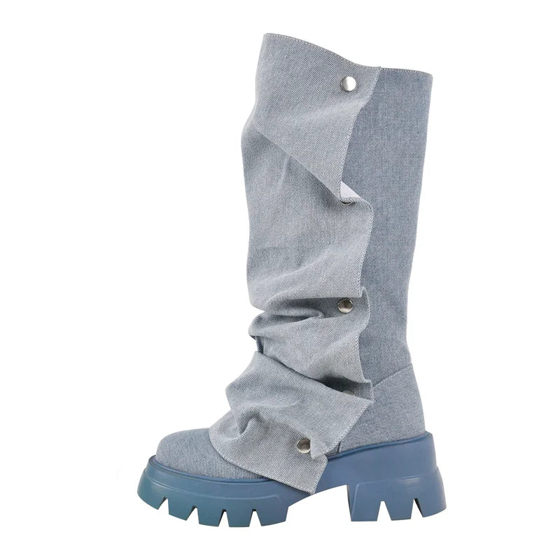 Onlymaker Women Platform Red Fold Over Boots Block Heel Round Toe Western Pull on Fashion Mid-Calf Female Boots