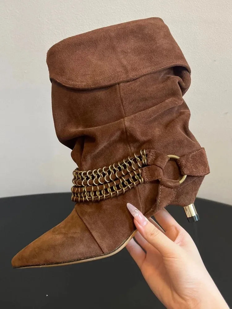 Women's Autumn and Winter New 5cm Slim Heel Fringed Calf Boots with Pointed Pleats, Women's Knight Boots, Mid Leg Boots