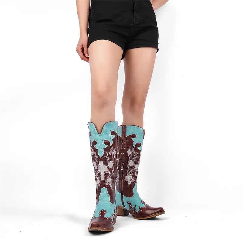Onlymaker Women Pointed Toe Western Embroidered Studded Cowgirl Knee High Boots Lace Up Side Zipper Block Heel Mid Calf Boots