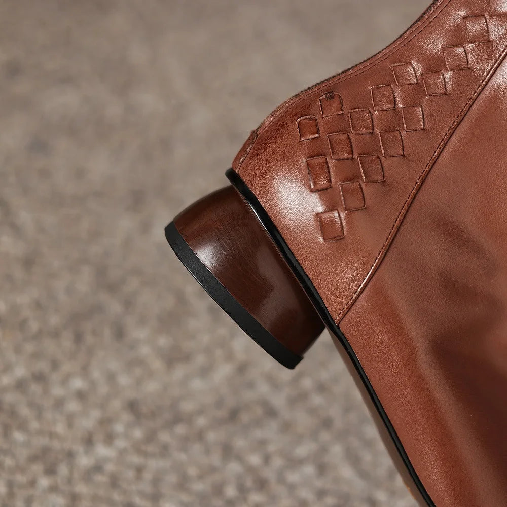 Women Handmade Genuine Leather square toe side zip ankle boot elegant ladies Mid heel daily slim dress 34-40
