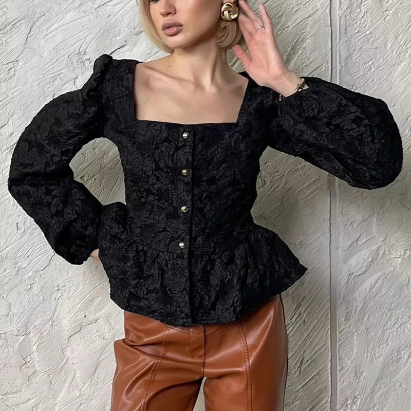 2026 Fashion New Style High-End Jacquard Shirt Square Neck Puff Sleeve Shirt For Women Versatile Long Sleeve Tops 1A1756