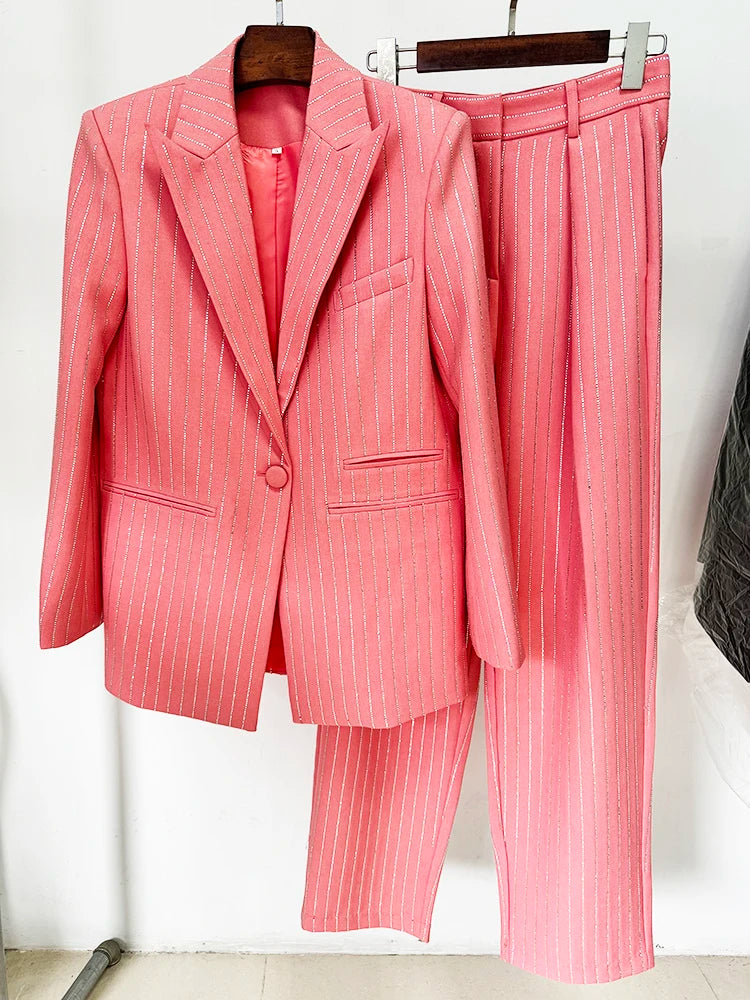 STREET Newest 2026 Designer Suit Set Women's Single Button Striped Diamonds Blazer Pants Suit 2PCS