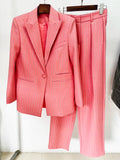 STREET Newest 2026 Designer Suit Set Women's Single Button Striped Diamonds Blazer Pants Suit 2PCS