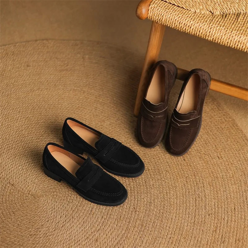 Spring Retro Genuine Kid Suede Loafers Women Slip On Low Thick Heels Pumps Female Comfort Daily Leather  Shoes