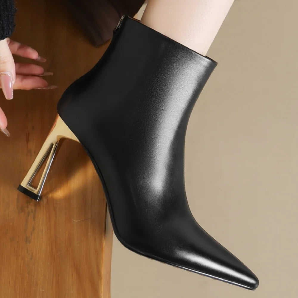 Handmade Genuine Leather Pointed Toe High Heels Chic Design Concise Shoe Dress Warm Wedding Ankle Boots 34-40