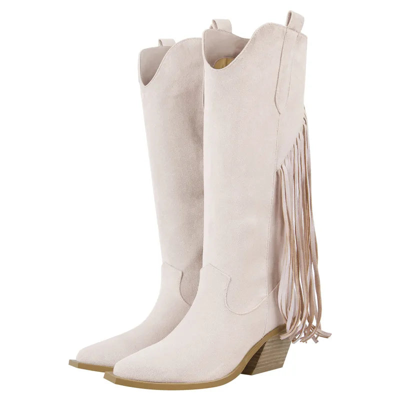 Onlymaker Woman Pointed Toe Black High Wedge Heel Flock Boots Winter Autumn Fashion  Big Size Fringe Boots