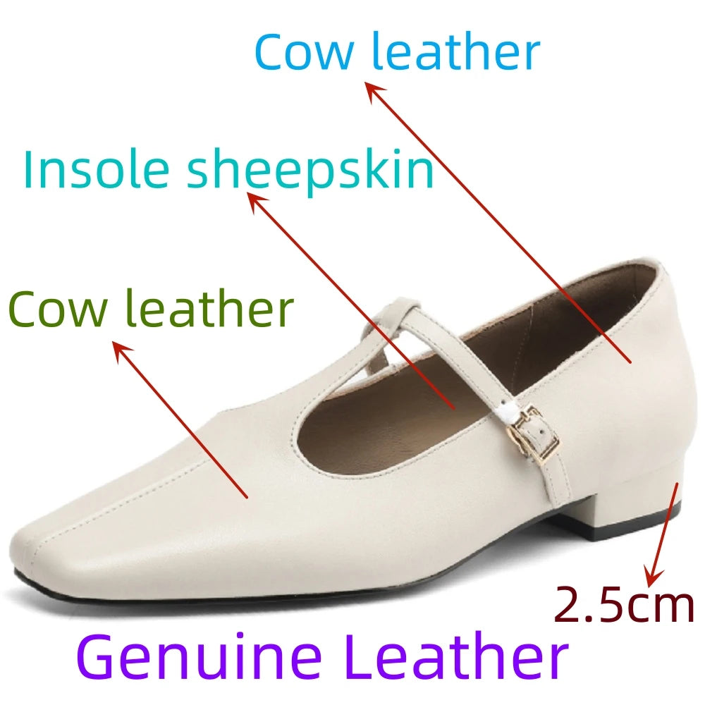 Handmade Genuine Leather Square Toe Low Heels T-strap Mary Janes Office Lady Party Catwalk Elegant Luxury 34-41