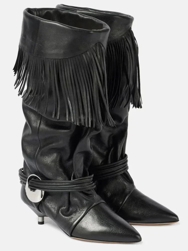 Women's Autumn and Winter New 5cm Slim Heel Fringed Calf Boots with Pointed Pleats, Women's Knight Boots, Mid Leg Boots