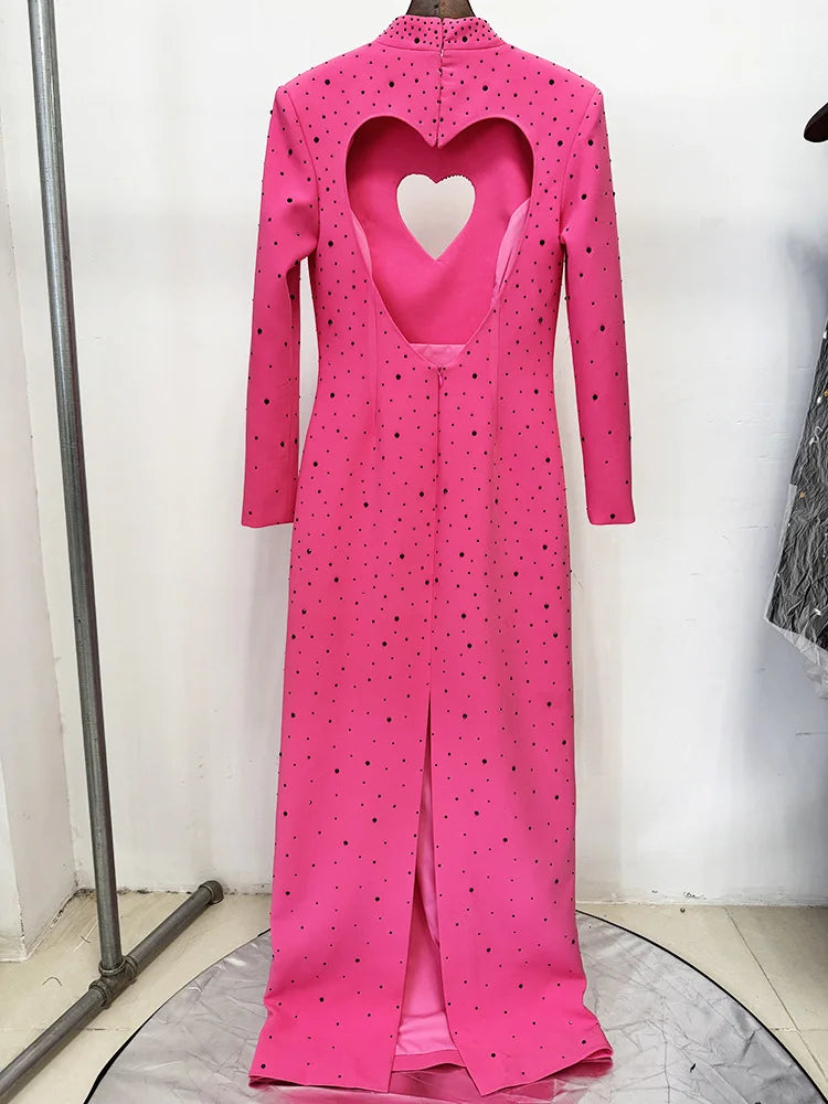 STREET Newest Fashion 2026 Designer Party Vestido Women's Heart Shaped Hollowed Out Backless  Diamonds Long Maxi Dress