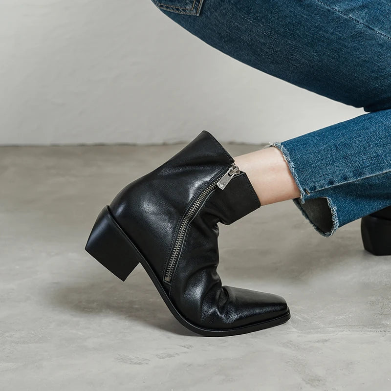 Size 34-40 New Handmade Genuine Leather Soft and comfortable Ankle Boots Zipper Chunky Mid Heels Square Toe Boot
