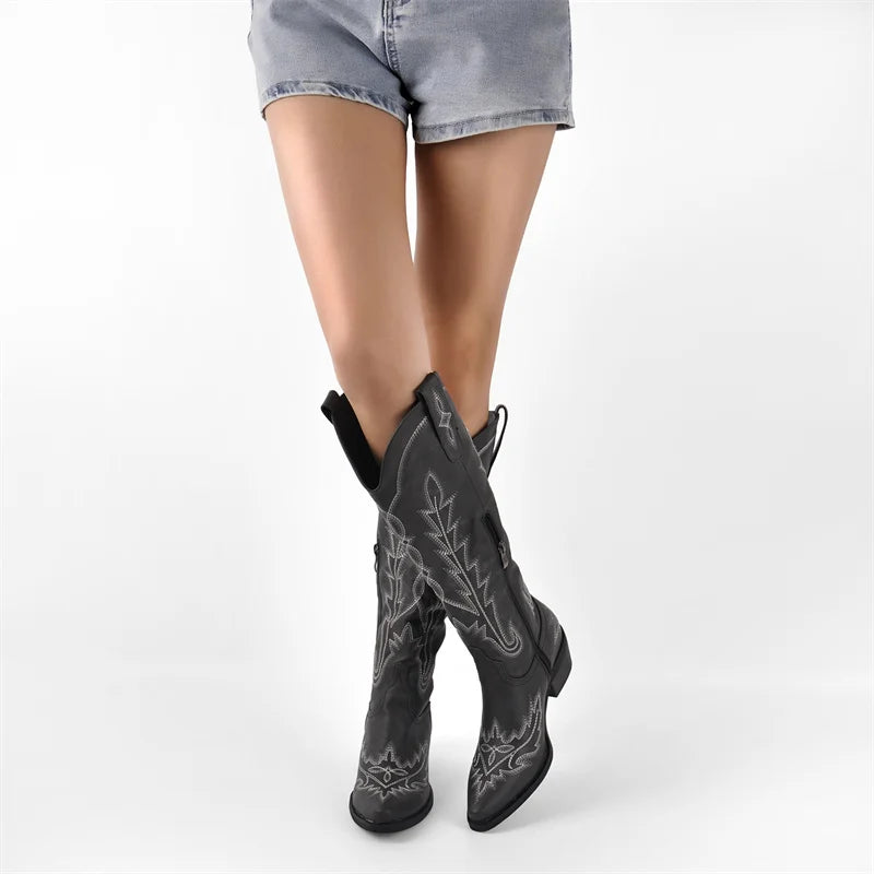 Onlymaker Women Pointed Toe Side Zipper Embroidered Western Cowboy Boots Block Heel Vintage Fashion Tall Cowgirl Boots