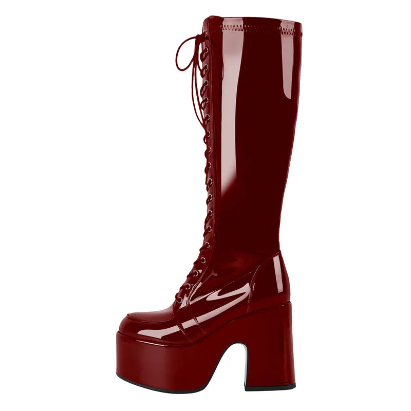 Onlymaker Women Black Round Toe Platform Knee High Boots Side Zipper Fashion Chunky Heel Mid-Calf Boot Punk Boots