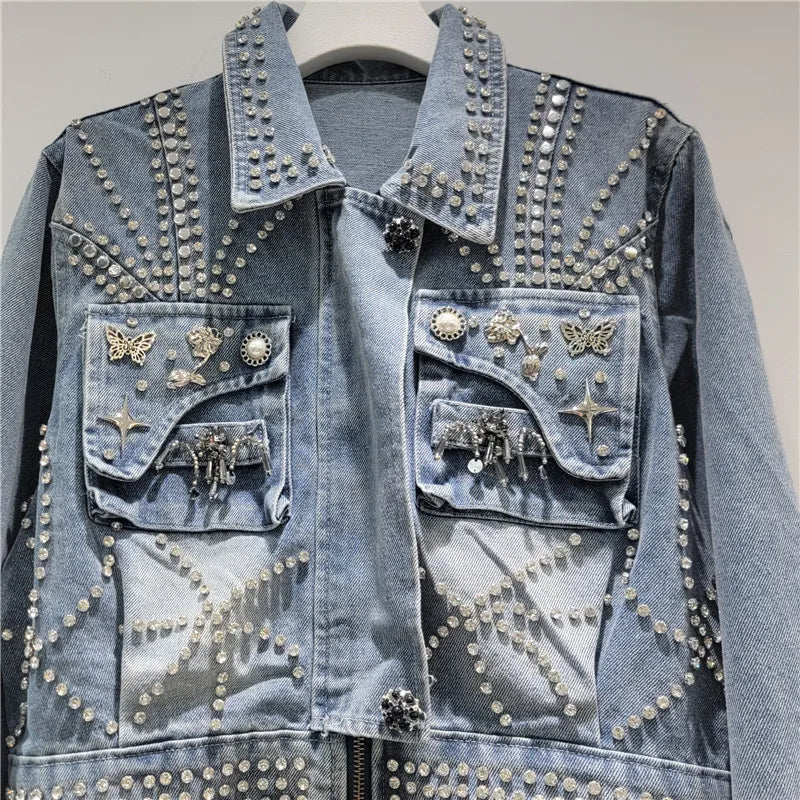 2026 Jeans Jacket Spring New Fashion Beaded Decorative Denim Jacket For Women Loose Versatile Short Long Sleeve Coat Female 11A08644