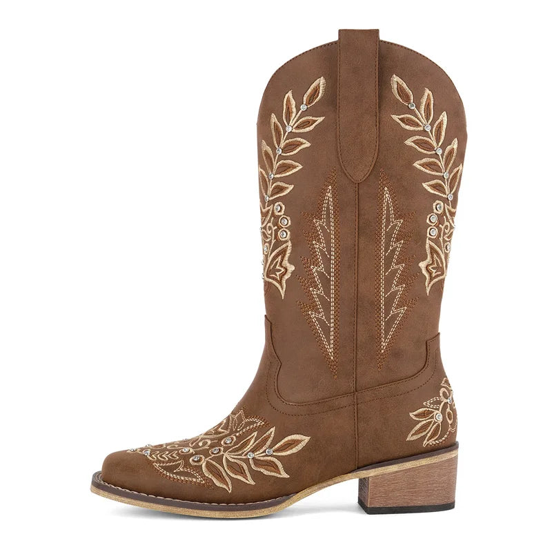 Women Square Toe Floral Rhinestones Embroidery Western Boots Pull On Knee High Chunky Heel Embroidered Boots