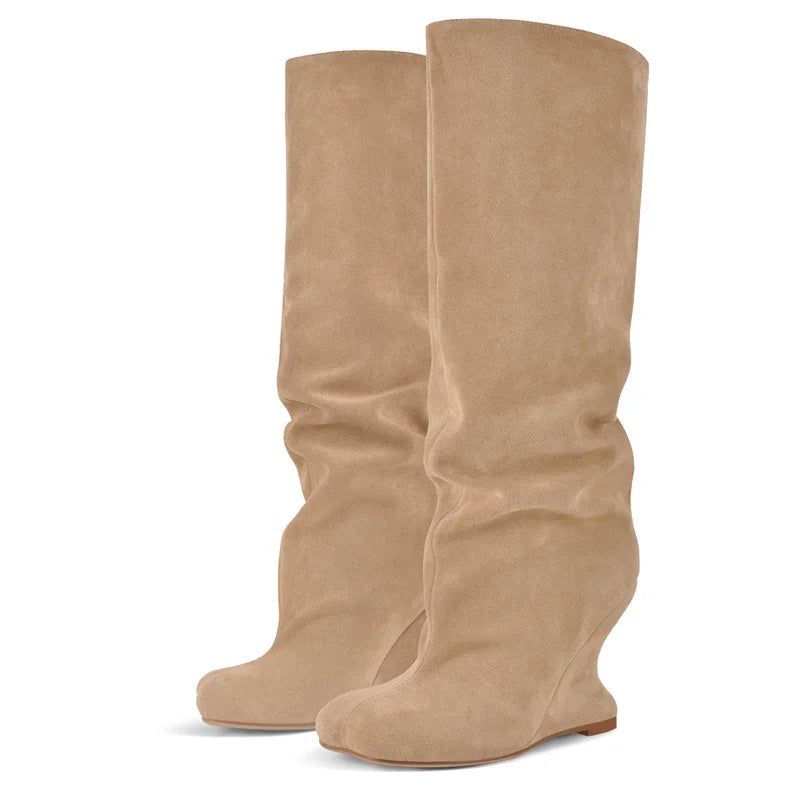 Onlymaker Women Peep Toe Wedge Flock Fashion Chunky Boots