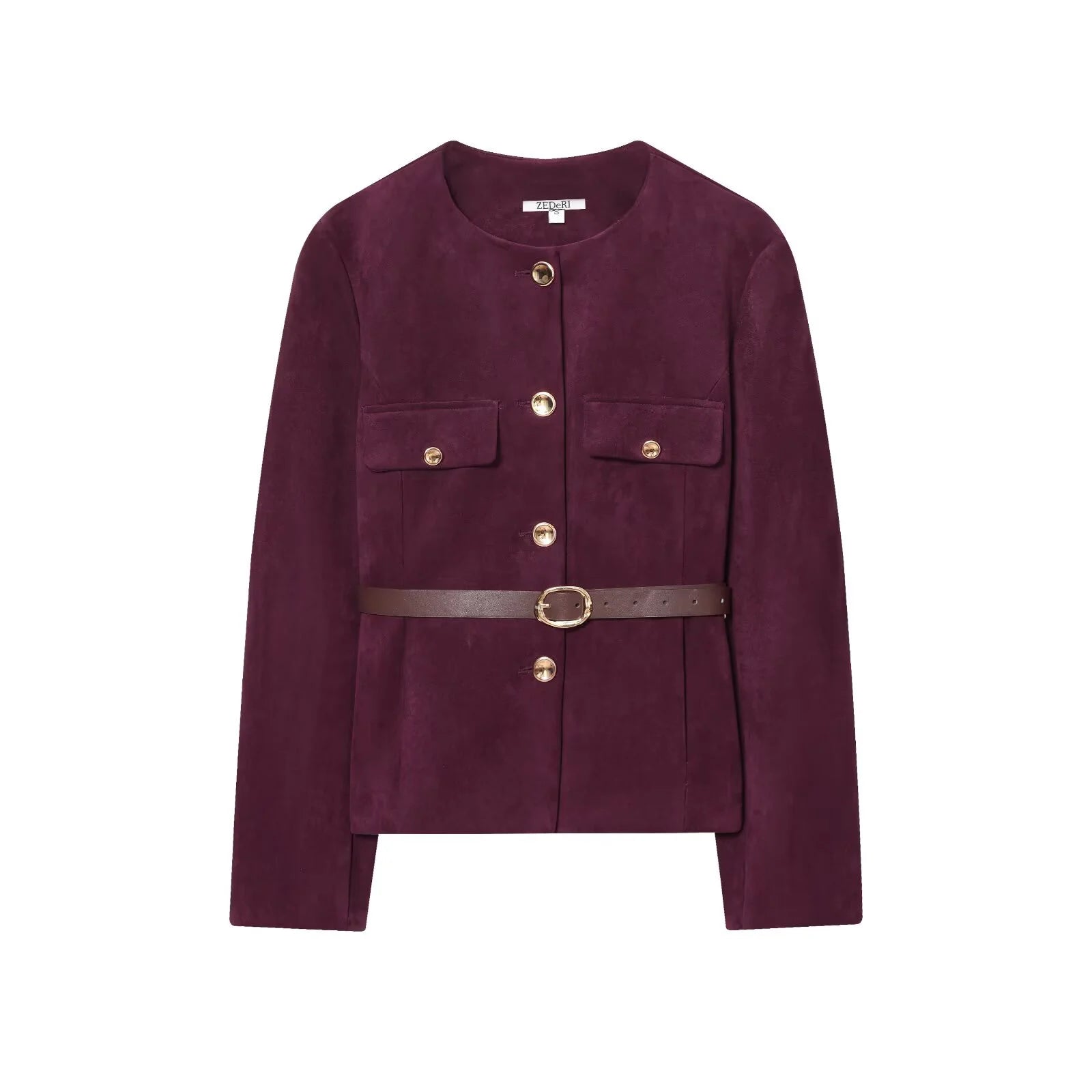 European and American style 2025 autumn new women's round neck with belt and suede texture effect suit jacket