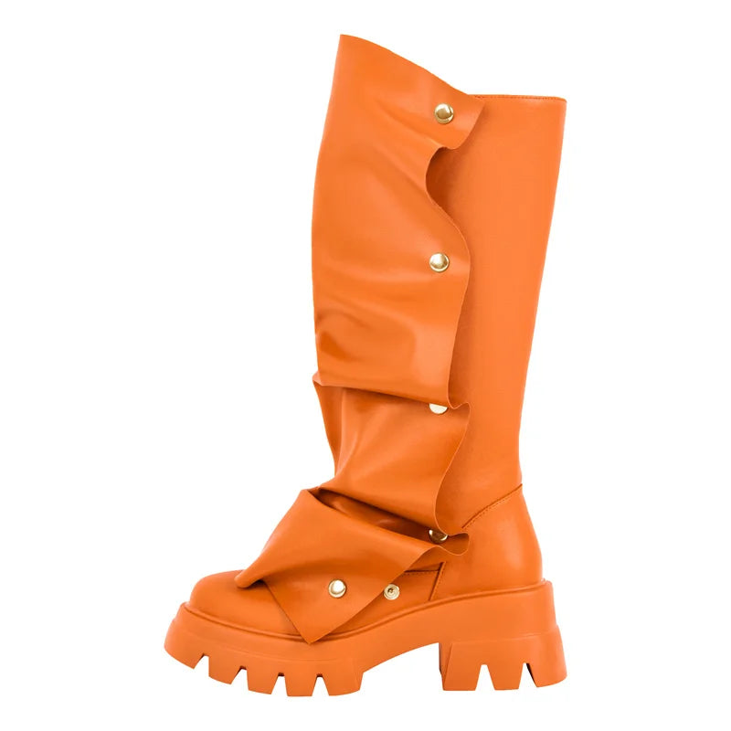 Onlymaker Women Platform Red Fold Over Boots Block Heel Round Toe Western Pull on Fashion Mid-Calf Female Boots