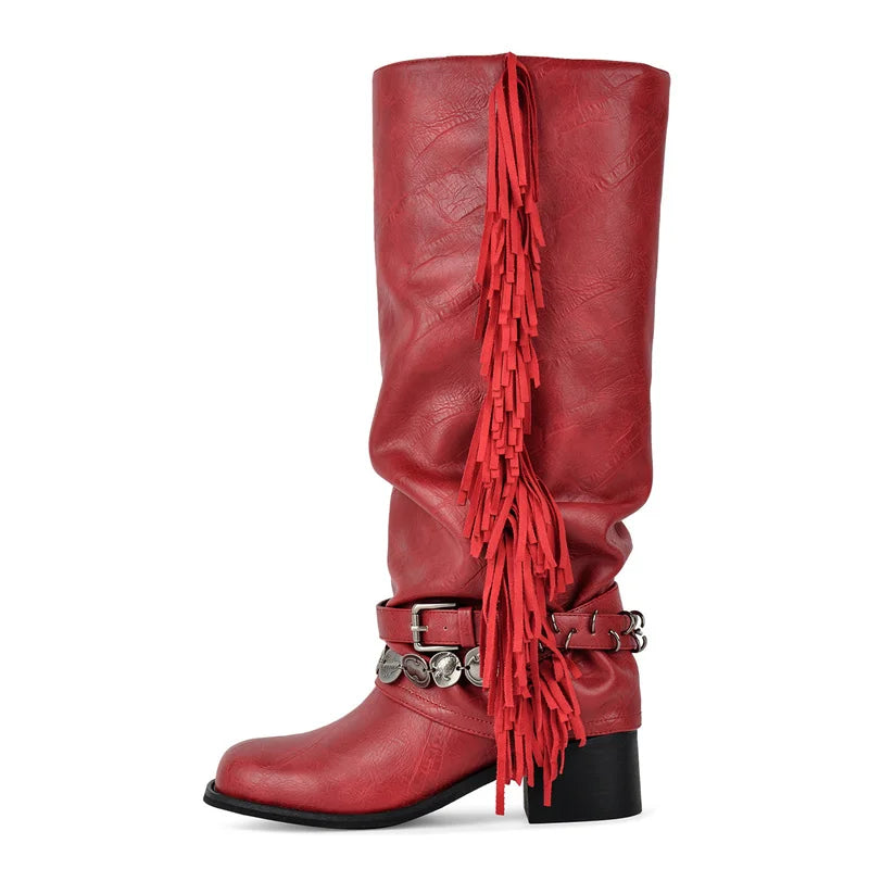 Onlymaker Women Round Toe Fold Over Fringe Knee High Boots Block Heel Fashion  Boots