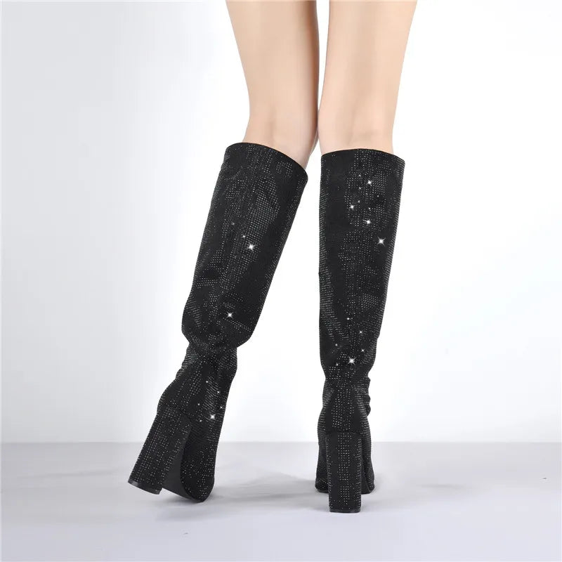 Onlymaker Women Pointed Toe Zipper Square Heels Boots Luxury  Rhinestones Bling Fashion Party Dress Big Size Lady Boots