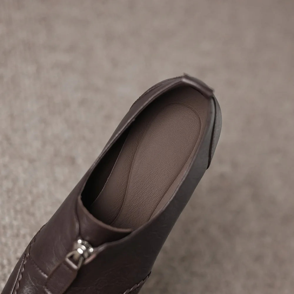 women's Handmade Genuine Leather Square toe front zip high quality soft comfortable casual female 34-40