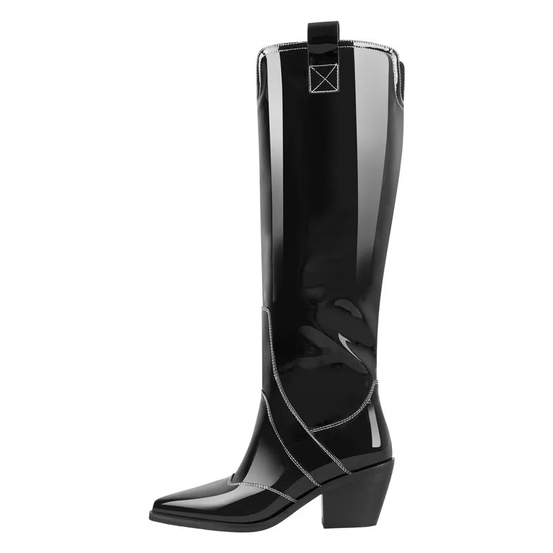 Onlymaker Black Knee High Boots  Women Western Cowboy Boots Wide Calf Embroidered Pointed Toe Block Heel Pull-On Cowgirl Booties