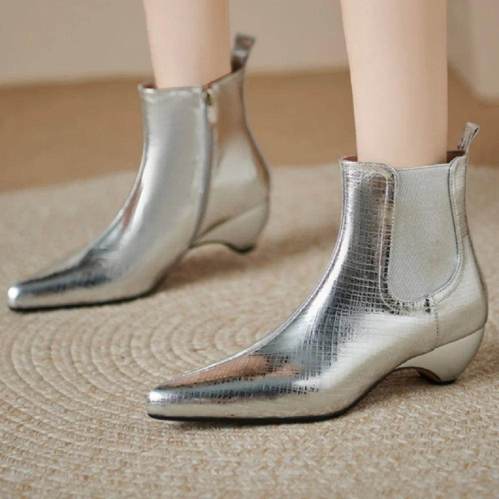 Women Handmade Brand Genuine Leather Elastic elasticity Ankle Boots Mid Heels Pointed toe Boots 33-40