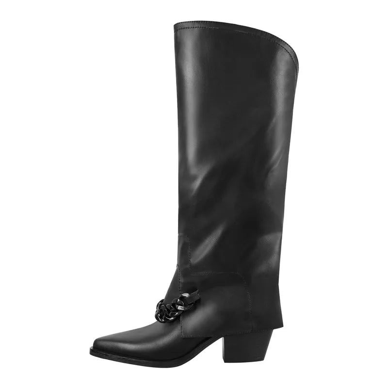 Onlymaker Woman Pointed Toe Black High Heel Fold Over Matte Boots Winter Big Size Fashion Motorcycle Boots
