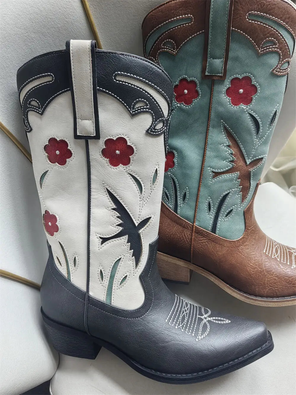 Onlymaker Women Pointed Toe Flower Pull-on Knee High Cowgirl Boots Comfy  Wide Calf Chunky Heel Retro Classic Western Boots