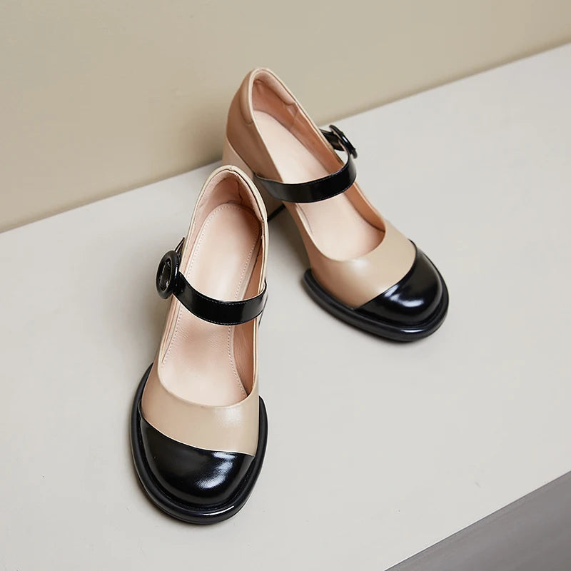Women's Genuine Leather Shoes Spring Summer Square HIgh Heels Round Toe Black Beige Dress Party Mary Janes Pumps