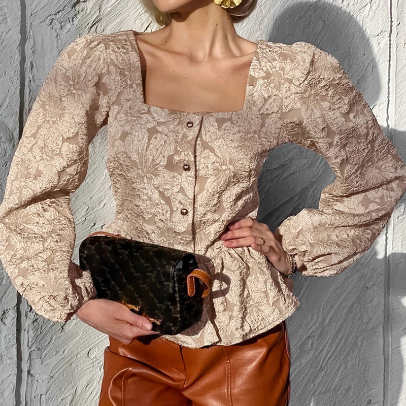 2026 Fashion New Style High-End Jacquard Shirt Square Neck Puff Sleeve Shirt For Women Versatile Long Sleeve Tops 1A1756