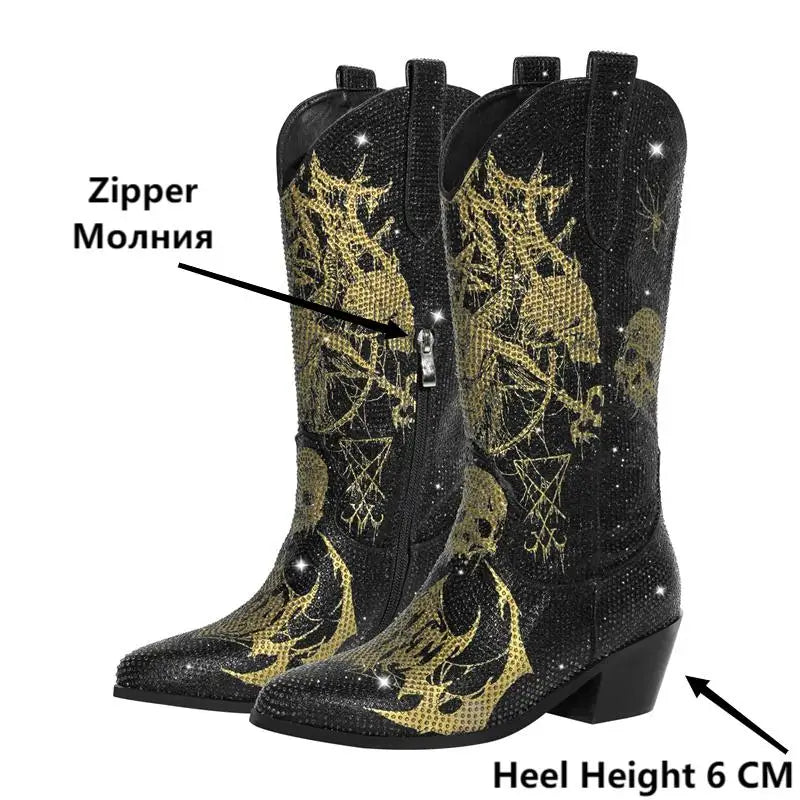 Women Rhinestone Handmade Mid-calf Western Boots