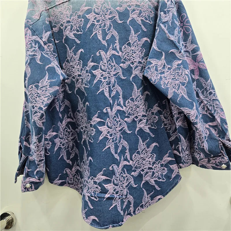 2026 Spring Fashion Heavy Jacquard Rhinestone Design Long Sleeve Denim Shirt Jacket For Women Loose Casual Blouse 11A08701