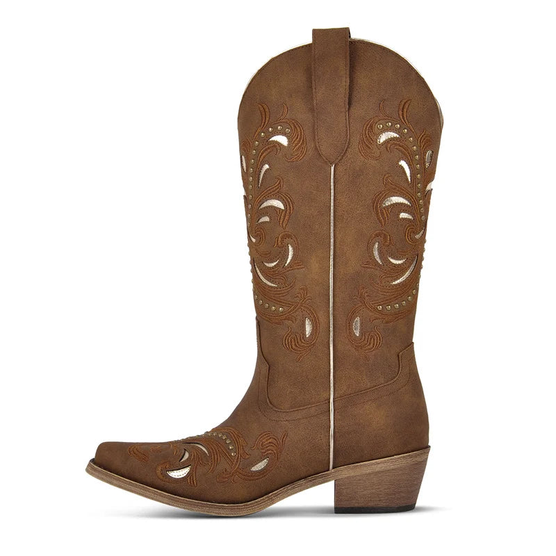 Onlymaker Women Pointed Toe Pull On Western Cowgirl Boots Fringed Chunky Heel Embroidery Cowboy Boots