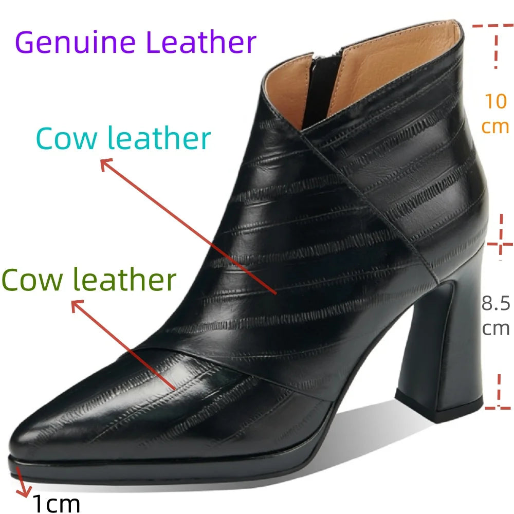 Women Handmade Genuine Leather Soft and comfortable Western Boots Pointed Toe Chunky Heel Retro Ankle Boots 34-40