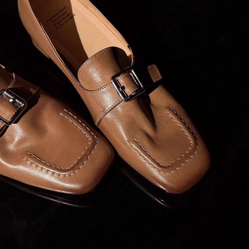 Handmade Genuine Leather Square Toe Thick Belted Women's Shoes Mid Heels Comfortable Cut Buckle Closure 34-40