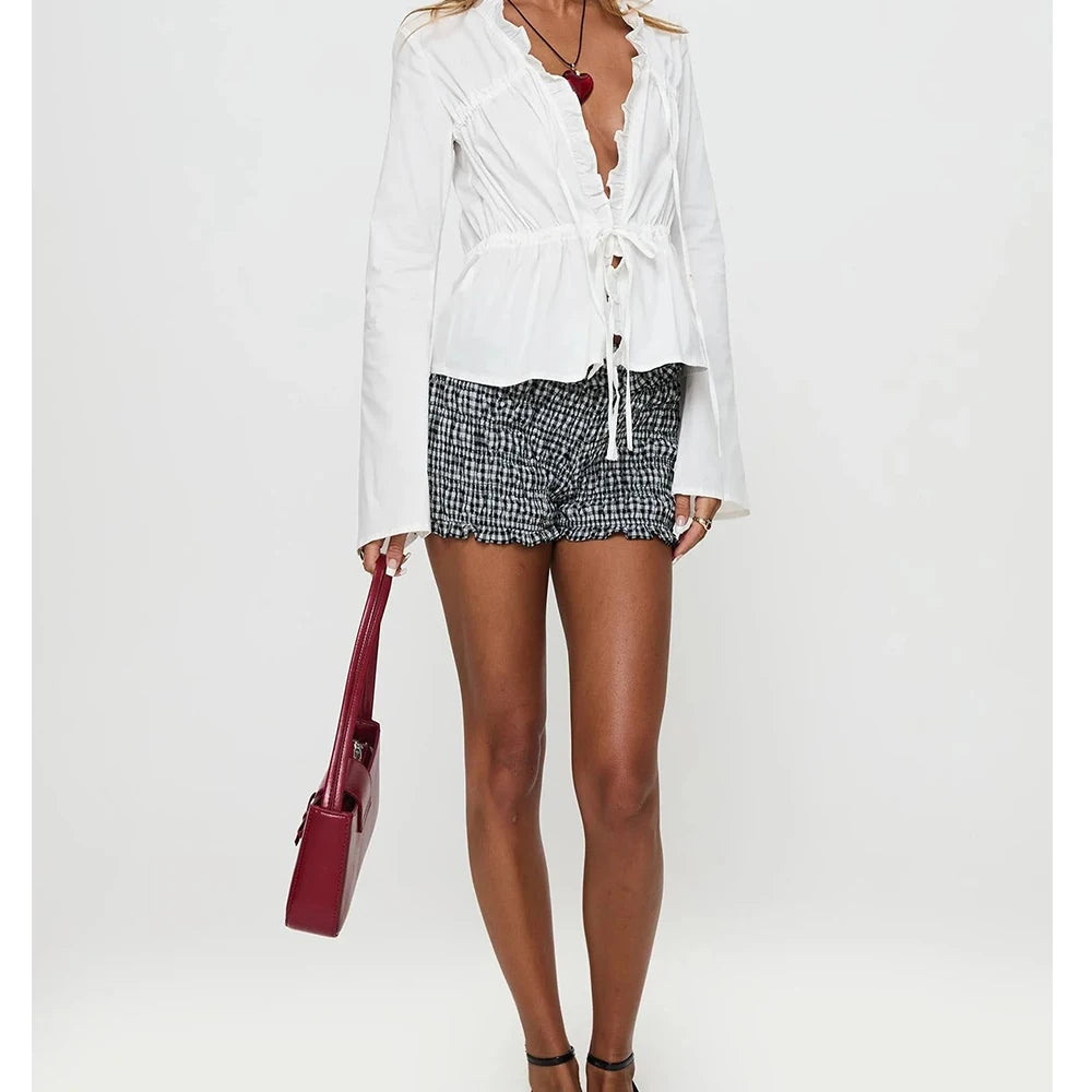 Women Spring Fall Vintage Aesthetic Ruffles Blouse Shirts Elegant Long Sleeve V-neck Tie-up Front Blouses Female Chic Tops