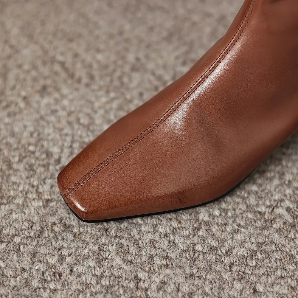 Women Handmade Genuine Leather square toe side zip ankle boot elegant ladies Mid heel daily slim dress 34-40