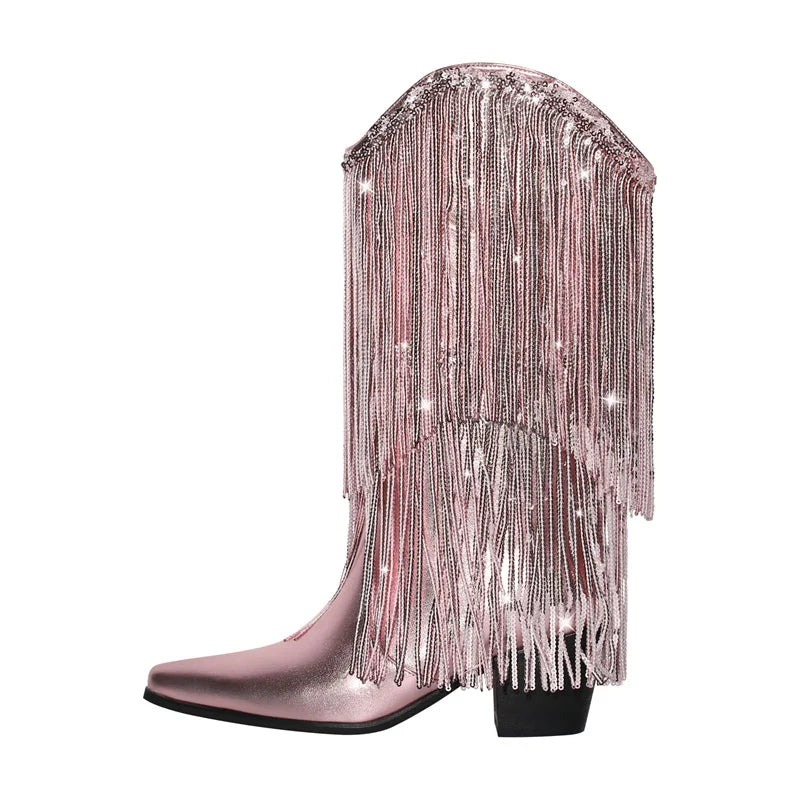 Female Black Rhinestone Mid-Calf Fringe Cowboy Boots Bling Party Women Boots