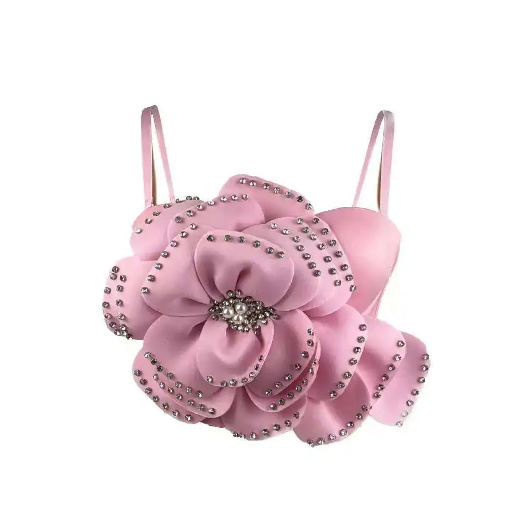 Women's Fashion High End Big Flower Bead Sweet Camisole Trendy Solid Color Sling Female 2025 Spring New Items 11A02254