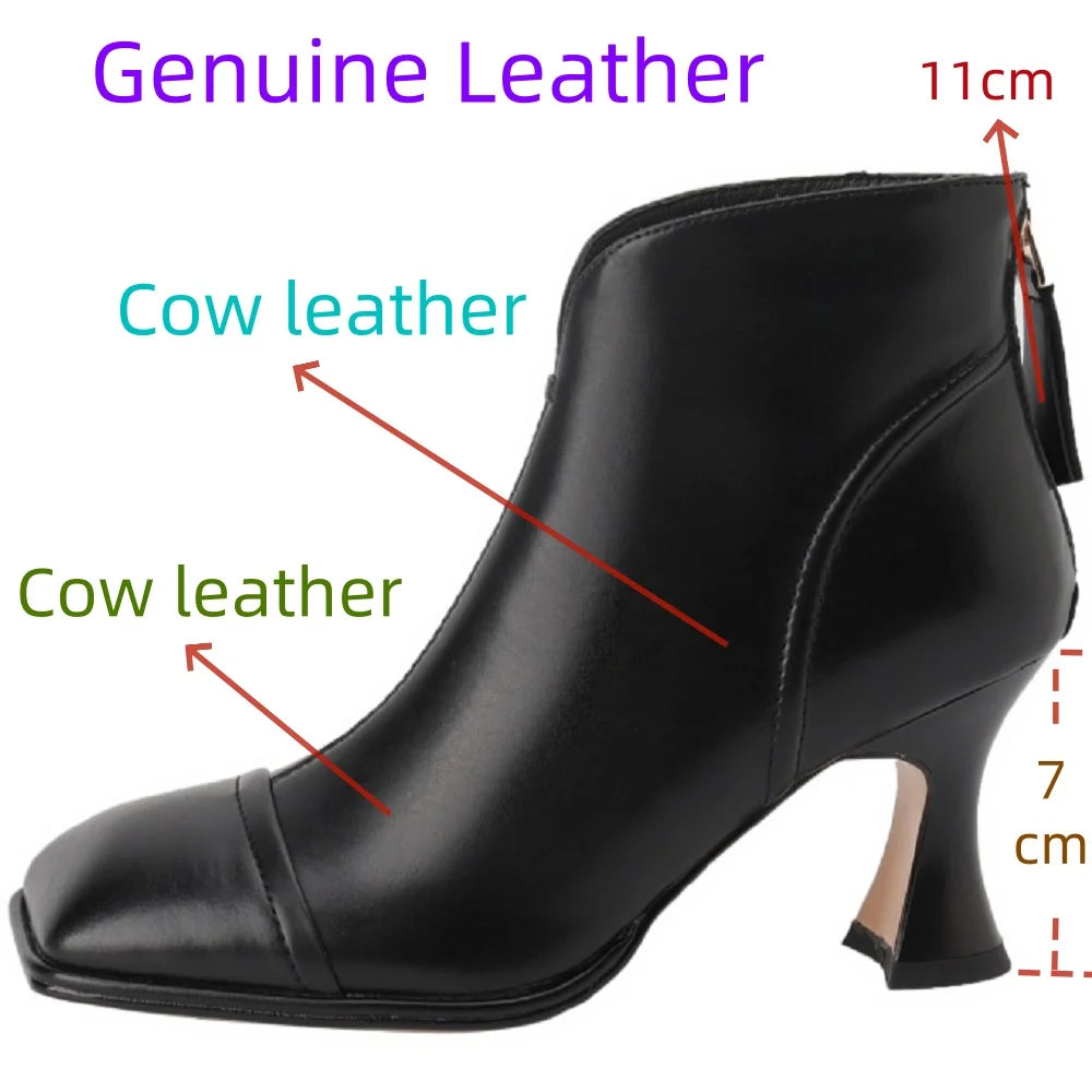 New Women's Handmade Genuine Leather High Heel Short Boots Square Toe Bootie Autumn Winter Fashionable Versatile