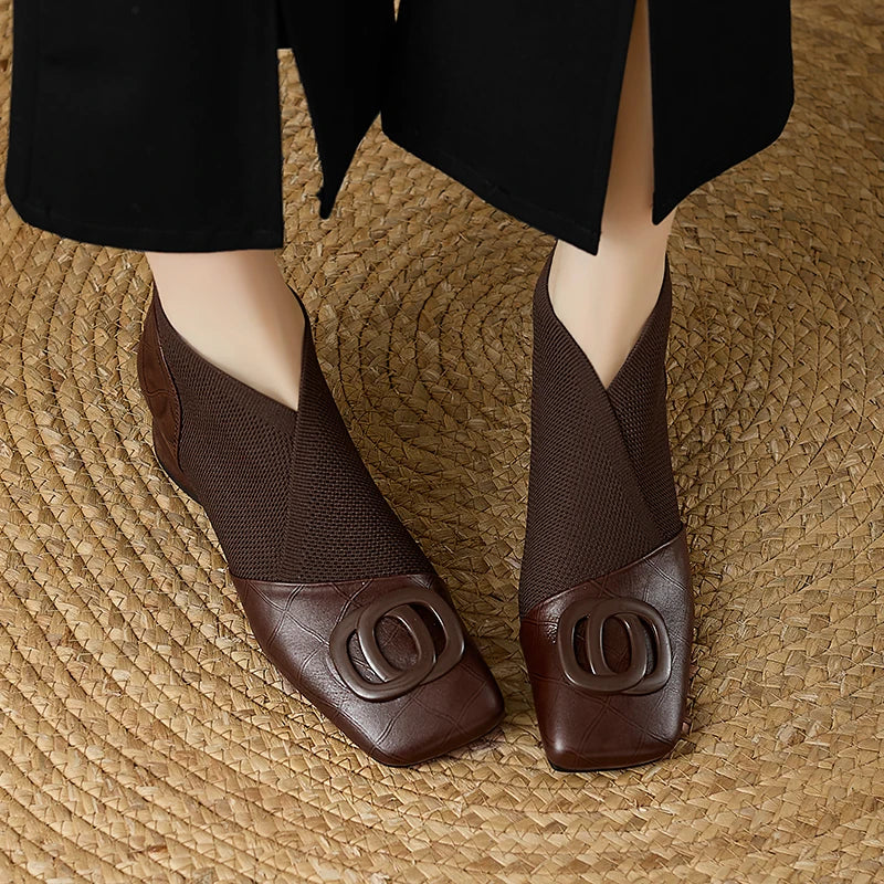 Handmade Brand Genuine Leather Women Ankle Boots Mid Heels Square toe Autumn Winter Dress Party Lady 34-43
