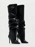 Fashion Pointed High Heels with Pleated Pile Boots, Size 46 Knee High Boots for Women, High Tube Boots
