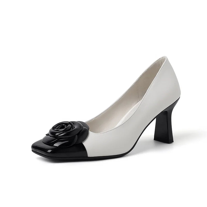 Genuine Leather Pumps Women Square Toe Flower Decoration Shallow Thick High Heels Office Ladies Party Dating Shoes