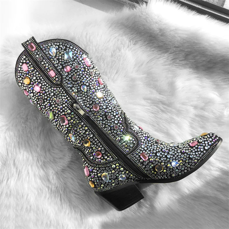 Women Sparkly Multi-colored Rhinestone Handmade Mid-calf Western Boots