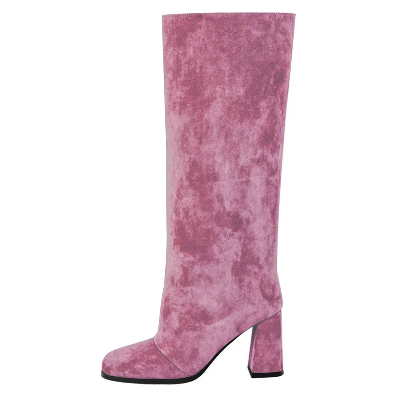 Onlymaker Square Toe Faux Suede Leather Knee-high Boots Chunky Heel Shoes Autumn Solid Slip On Fashion Elegant Boots